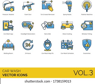 Car Wash Icons Including Pressure Washer, Foam Gun, Tar, Insect Remover, Spray Nozzle, Headlight Restoration, Nano Mist, Coating, Window Tinting, Waiting Room, 24 Hours, Map Pin, Schedule, Guarantee.