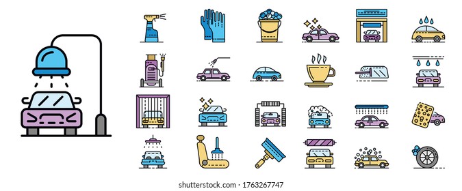 Car wash icons set. Outline set of car wash vector icons thin line color flat isolated on white