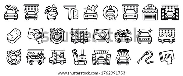 Car wash icons set. Outline\
set of car wash vector icons for web design isolated on white\
background
