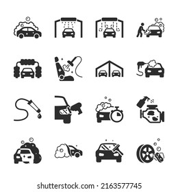 Car Wash icons set. Washing, drying, polishing car parts. Automatic and self-service washing. Monochrome black and white icon.