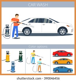 Car wash illustration. Man washing a car with high pressure washer. Spraying water from the hose. 