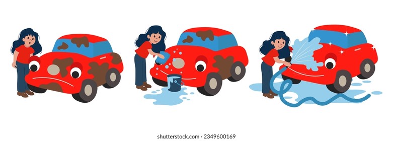 Autowaschen, Illustrationssatz. Die Frau wäscht das Auto. Cartoon-Illustration, Vektorgrafik	
