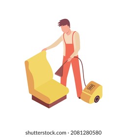 Car wash isometric composition with character of male worker washing car seat vector illustration