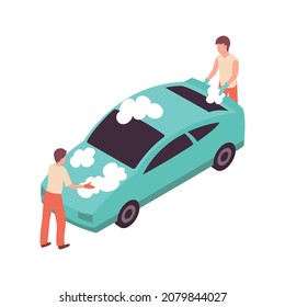 Car wash isometric composition with characters of washing station workers with clients car and foam vector illustration