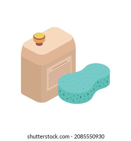 Car wash isometric composition with images of canister with detergent and sponge vector illustration