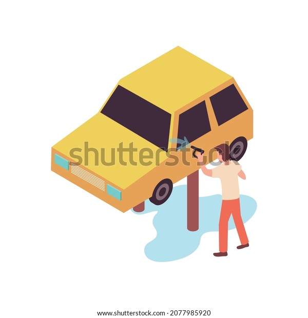 Car wash isometric\
composition with car owner manually washing his car on water\
station vector\
illustration