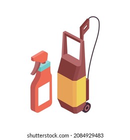 Car wash isometric composition with wheel cart and pipe with spray bottle vector illustration
