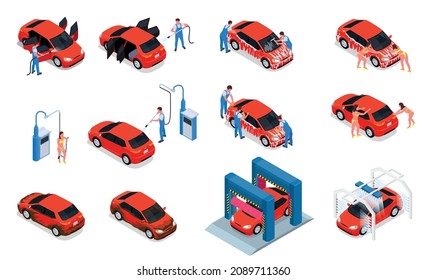 Car wash isometric icon set cleaning in the car interior with vacuum cleaner washing cleaning cleaning girls in bikinis and men in uniforms vector illustration