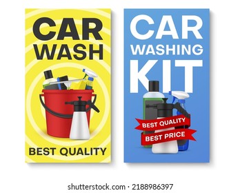 Car Wash Kit Best Quality And Price Promo Poster Set Vector Illustration. Automobile Washing Service Retail Shop Equipment Selling For Transportation Hygiene With Detergent Soap Sponge Spray And Brush