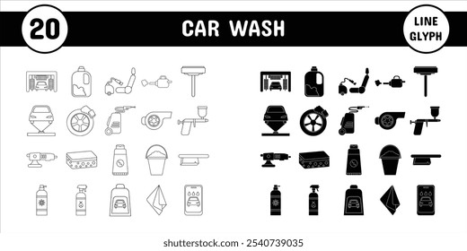 Car Wash Line Glyph Vector Illustration Icon Sticker Set Design Materials