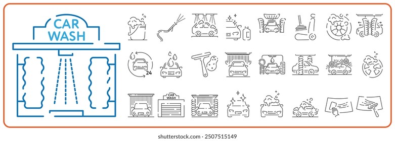 Car wash line icon. Automatic cleaning station linear signs. Bucket with foam bubbles, sponge and spray flat line icons set