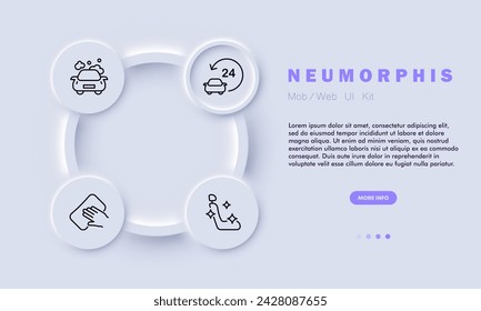 Car wash line icon. High-pressure wash, foam, undercarriage, hand drying, spot-free rinse, carnauba wax. Neomorphism style. Vector line icon for business and advertising