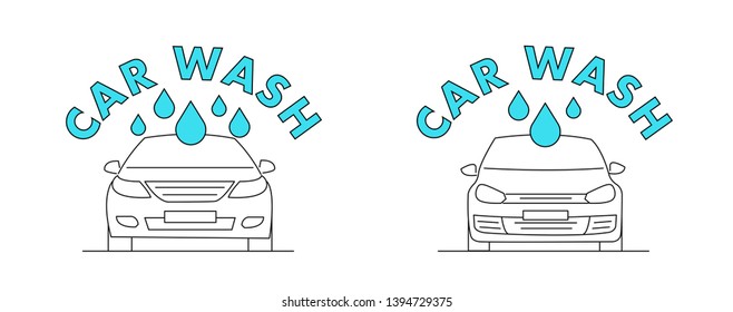 Car wash line icon or logo for web, mobile and infographics with typography and drops.