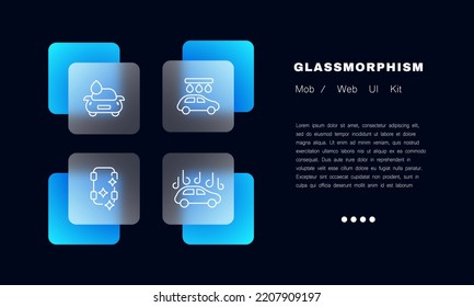 Car wash line icon. Water drops, cleanser, detergent, clean, shining stars, steam, interior of the car, seats, wipe the dust. Service concept. Glassmorphism style. Vector line icon for Advertising.