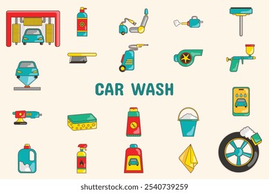 Car Wash Lineal Color Vector Illustration Icon Sticker Set Design Materials