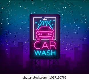 Car wash logo design emblem in neon style vector illustration. Template, concept, luminous sign on the theme of washing cars