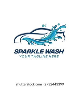 Diseño de logotipo de lavado de coches con una silueta de coche elegante, una gota de agua y destellos. Perfecto para la limpieza automotriz profesional, servicios de detalles y negocios de cuidado de automóviles.