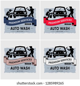 Car wash logo design. Vector artwork of workers washing and polishing a car.