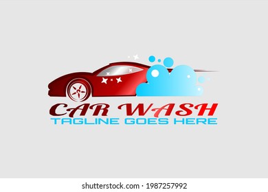 Car wash logo with glossy red color sports car illustration with foam.