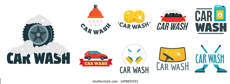 Car wash logo set. Flat set of car wash vector logo for web design