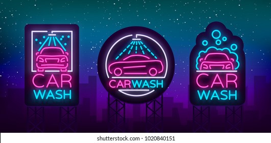 Car wash logo set vector design in neon style vector illustration isolated. Template, concept, luminous signboard icon on a car wash theme. Luminous banner