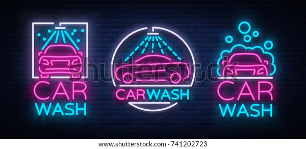 Car wash logo set vector design in\
neon style vector illustration isolated. Template, concept,\
luminous signboard icon on a car wash theme. Luminous\
banner