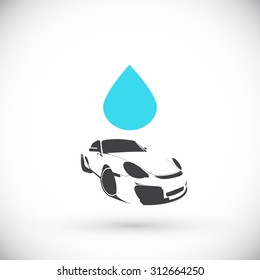 Car wash logo. Shape car and big drop. Isolated on white background. Vector