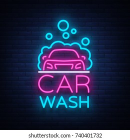 Car wash logo vector design in neon style vector illustration isolated. Template, concept, luminous signboard icon on a car wash theme. Luminous banner