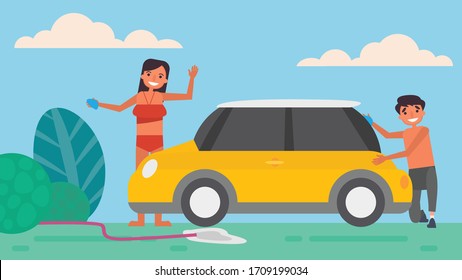 Car wash Lover's hobbies activities couples spend together on summer ,holidays, Time with loved ones Happiness No place like home concept,Colorful vector illustration in flat cartoon style.