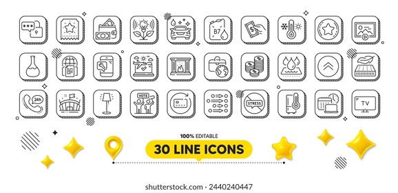 Car wash, Loyalty star and Money wallet line icons pack. 3d design elements. Fireplace, Chemistry lab, Incubator web icon. Refrigerator, Waterproof, Voting campaign pictogram. Airplane travel. Vector