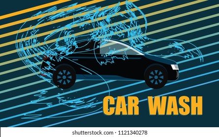 Car wash - machine and water waves on an abstract dark background - vector art