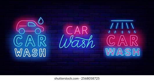 Car wash neon emblems collection. Auto clean service. Glowing labels. Vector stock illustration