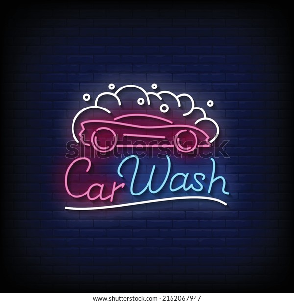 Car Wash\
Neon Sign On Brick Wall Background\
Vector