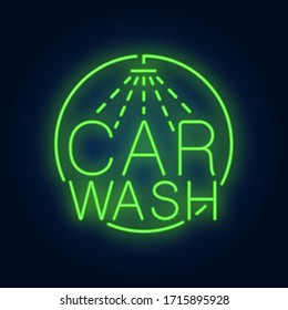 Car wash neon text and shower logo. Neon sign, night bright advertisement, colorful signboard, light banner. Vector illustration in neon style.