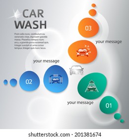 Car wash on circle background with icons design elements. Modern business presentation template for car-wash cover brochure. Abstract vector illustration eps 10 can be for flyer layout, web banner  