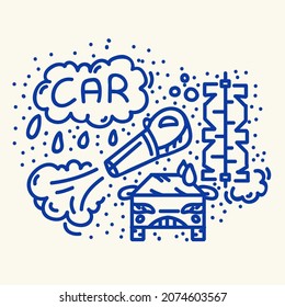Car wash pattern drawn by doodle. Vector cartoon line cleaning and car cleaning. Pattern for the auto washing service poster. Vector illustration
