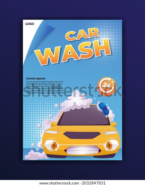 car\
wash poster with full foam car cartoon\
illustration