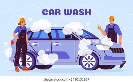 Car wash poster. Man and woman in uniform near automobile in soap. Clean vehicle or transport. Advertising and marketing, commerce. Landing webpage design. Cartoon flat vector illustration