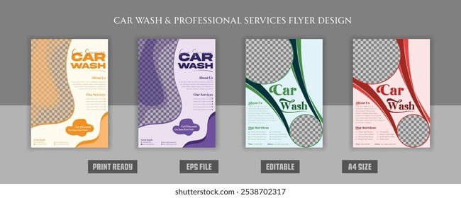 Car wash professional creative flyer brochure advertise, marketing, illustration, servicing, repair, rent, maintenance, foam, bubbles, garage, automobile, print ready eps a4 bundle templates.