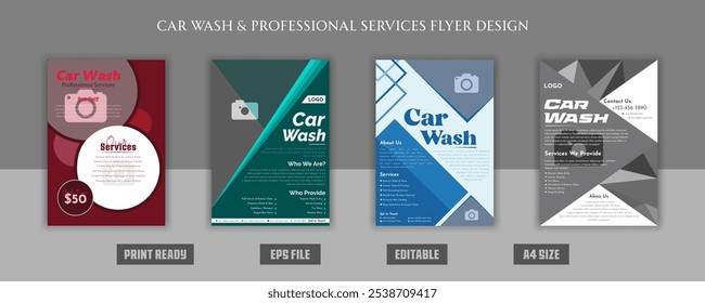 Car wash Professional creative flyer combined bundles, drive, clean, services, repair, rent, pair, car wash flyer design, modern, discount, foam, polish, print ready eps a4 brochure templates.