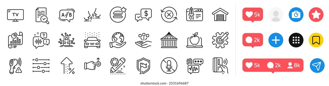 Car wash, Puzzle options and Voicemail line icons pack. Social media icons. Carousels, Report document, Start business web icon. Save planet, Increasing percent, Consolidation pictogram. Vector