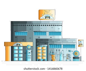 Car wash, repair, maintenance service center with tools and equipment. Auto cleaning and washing building exterior. Twenty four hours working station vector flat illustration.