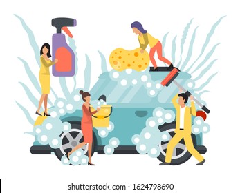 Car wash, self-service concept. People washing cars vector illustration. Cleaning automobiles business service