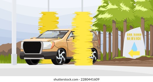 Car wash service banner. Automotive cleaning design. Carwash process promotion. Dirty car cleaned by yellow brushes in automatic wash station. Clean transport in cityscape concept. Vector illustration