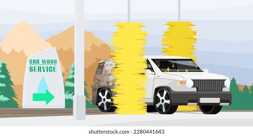 Car wash service banner. Automotive cleaning design. Carwash process promotion. Dirty car cleaned by yellow brushes in automatic wash station. Clean transport in cityscape concept. Vector illustration