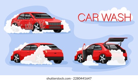 Car wash service banner. Automotive cleaning cartoon poster. Carwash process promotion. Car in white foam bubbles have a shower. Open doors vehicle on interior detailing cleaning. Vector illustration