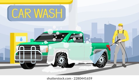 Car wash service banner. Automotive cleaning station. Carwash process promotion. Worker wash dirty car by pressure. Man in uniform washing vehicle in cityscape. Car Care Company. Vector illustration