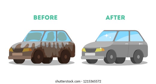 Car wash service banner before and after washing. Dirty auto and clean shiny automobile. Isolated vector flat illustration