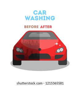 Car wash service banner before and after washing. Dirty red auto and clean shiny automobile. Isolated vector flat illustration