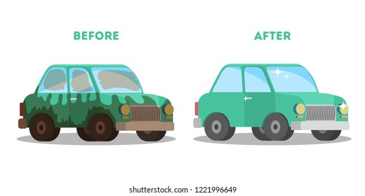 Car Wash Service Banner Before And After Washing. Dirty Green Auto And Clean Shiny Automobile. Isolated Vector Flat Illustration